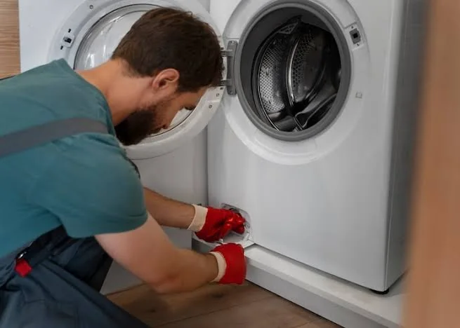 Appliance professional servicing the lower panel of a washing machine